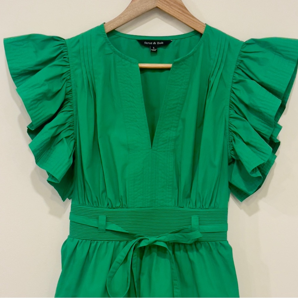 NWOT Strut & Bolt Kelly Green Ruffle Sleeve Mini Dress Small Game Day Resort - Picture 5 of 12